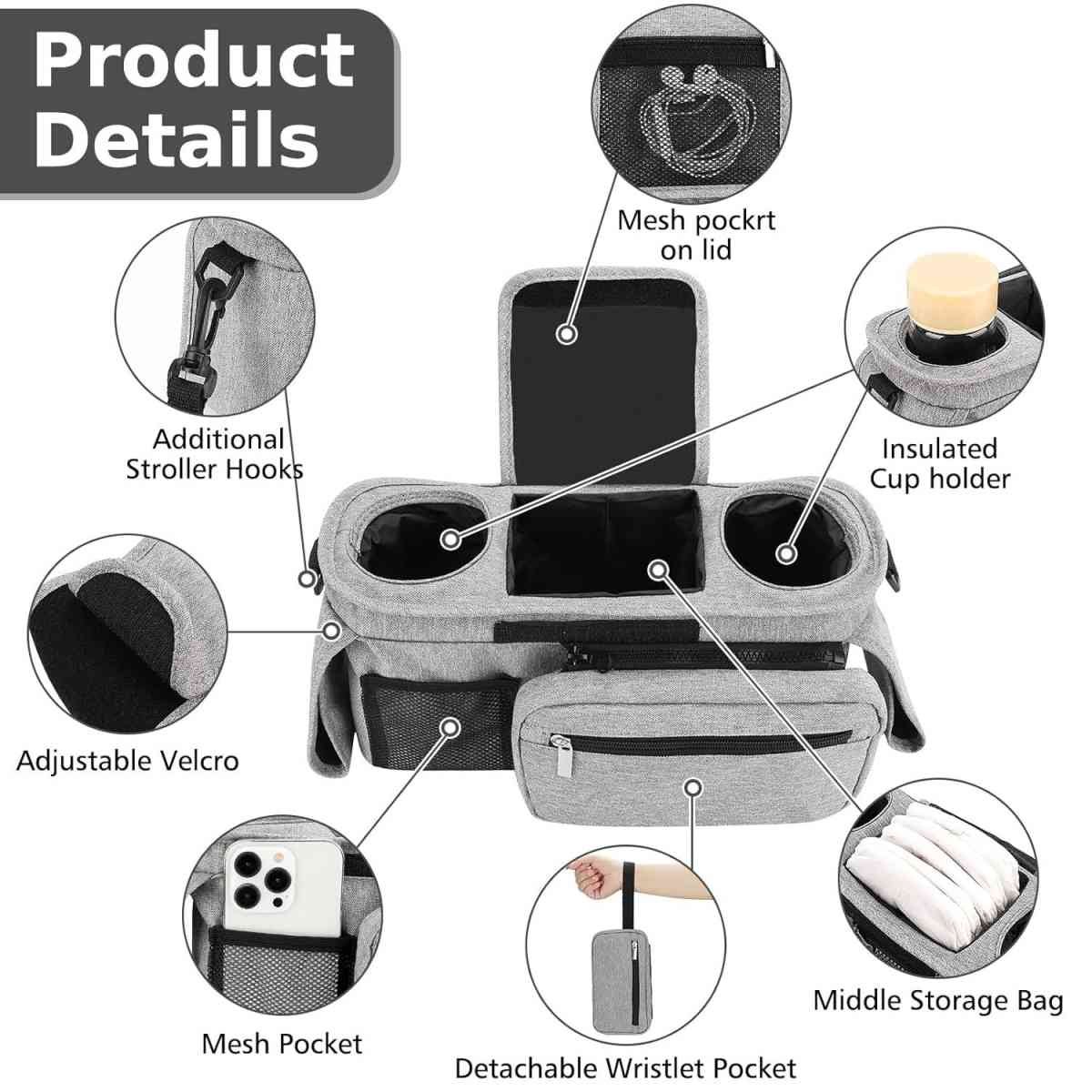 Universal Stroller Organizer with Insulated Cup Holders, Detachable Wristlet & Adjustable Shoulder Strap for Diapers, Bottles & Essentials (Grey)