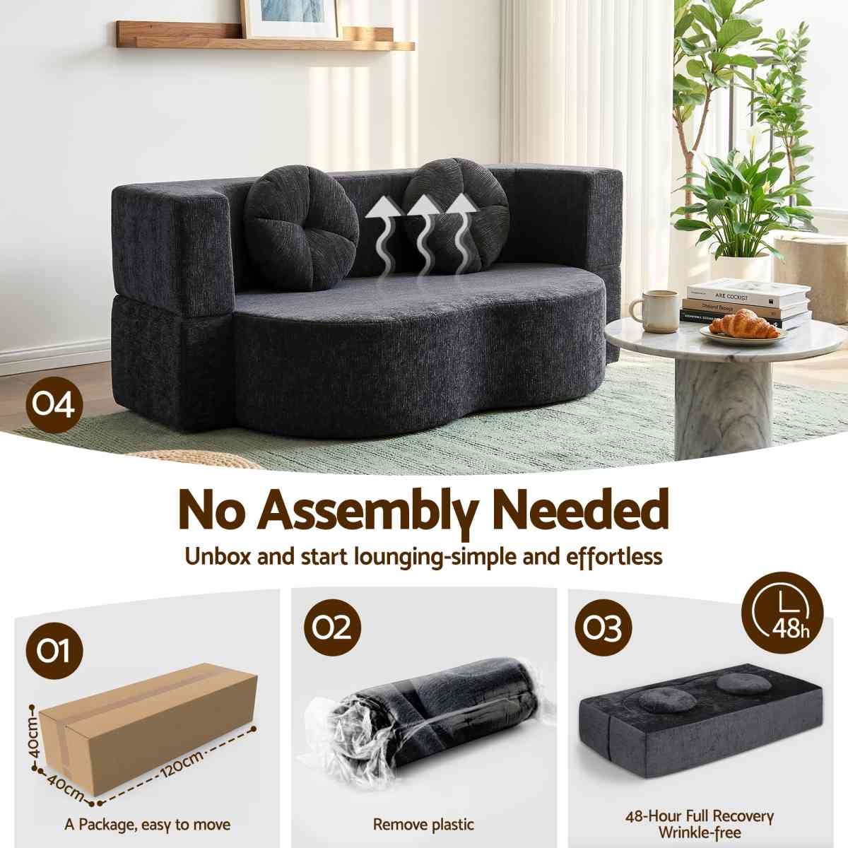 Artiss 2 in 1 Convertible Compressed Sofa Bed, Folding Boneless Sofabed for Living Room ,Comfort Curved Sleeper Couch with High Density Sponge, Apartment Essentials, No Assembly, 2 Pillows, Grey