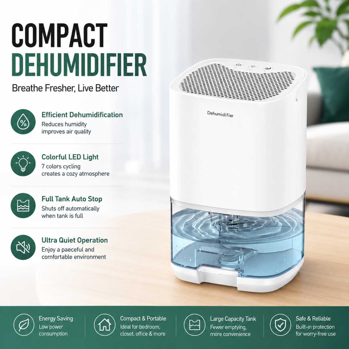 White Mini Quiet Dehumidifier for Bedroom - 1000ml Water Tank Portable Home Moisture Absorber with Air Purification Filter, RGB Night Light and Auto Shut-Off
