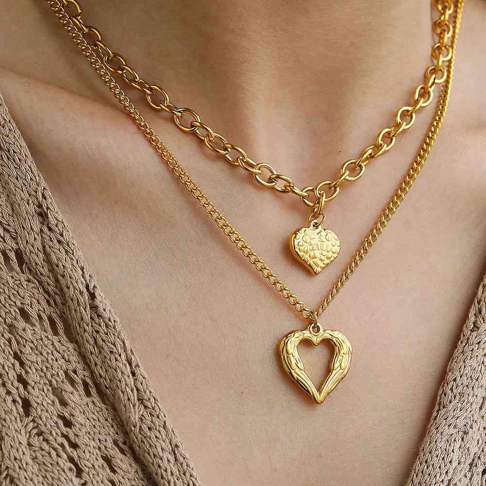 Gold-Plated Heart and Wings Choker Necklace Set, Layered Alloy Cuban Link Jewelry for Women