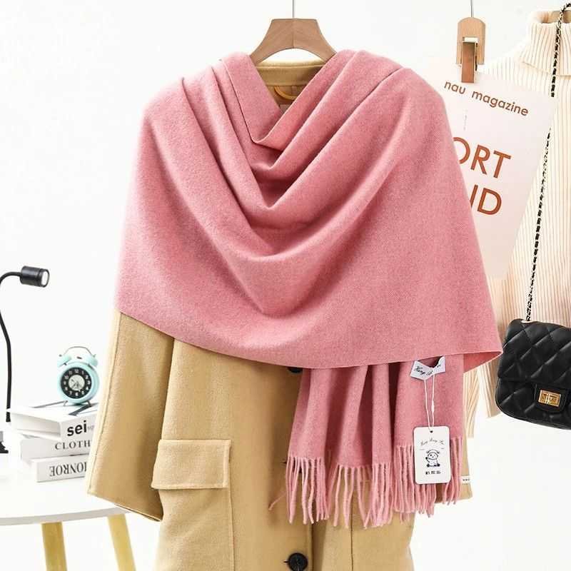 Solid Color Cashmere Wrap Scarf, Thickened for Warmth and Windproof, Bohemian-Style Winter Wardrobe Essential(hide powder)