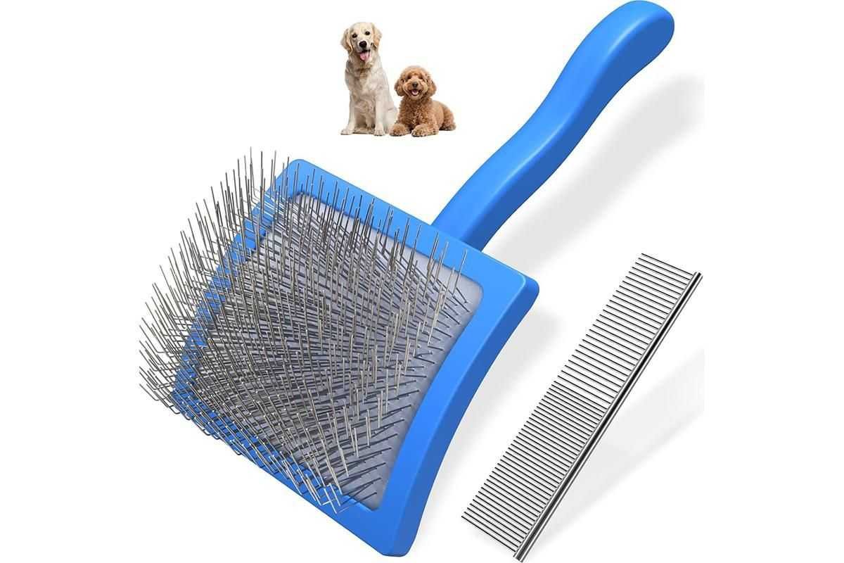 2Pcs Dog Slicker Brush & Comb Set for Grooming Detangling & Hair Removal-Blue