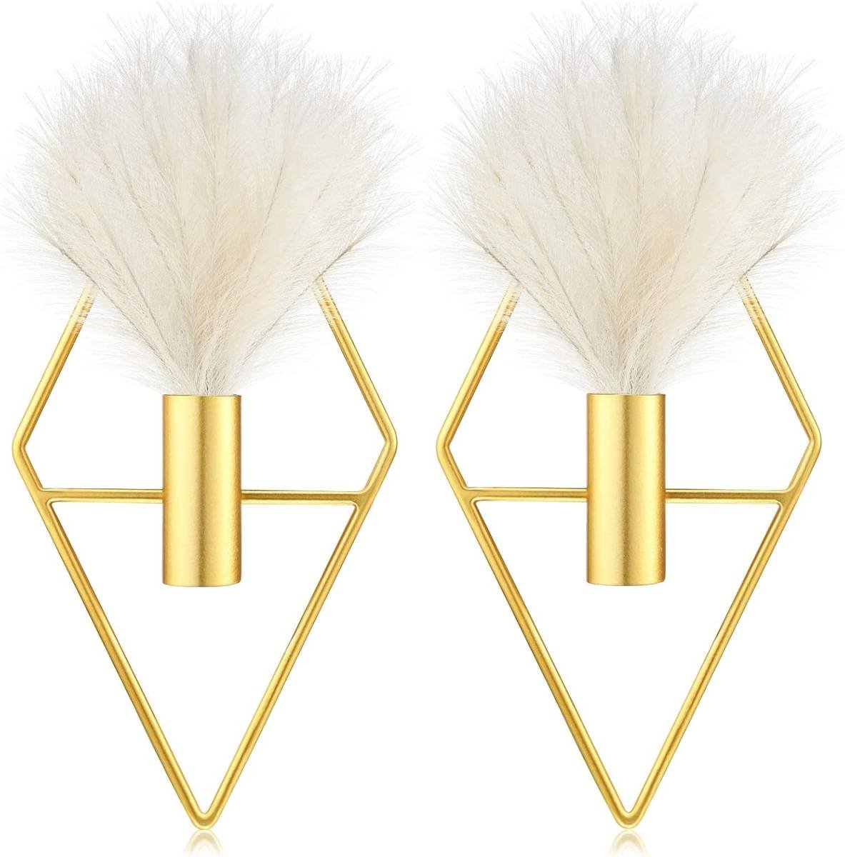 2 Pcs Boho Wall Decor Metal Gold Wall Art Hanging Planters with Artificial Pampas Modern Home Decor Display Art for Living Room Bedroom Bathroom(Rhombus)