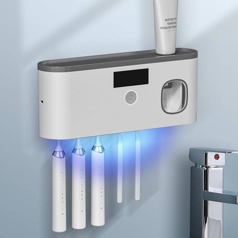 Gray Smart UV Sterilization Set, No-Drilling Wall-Mounted Toothbrush Organizer & Electric Toothbrush Sanitizer