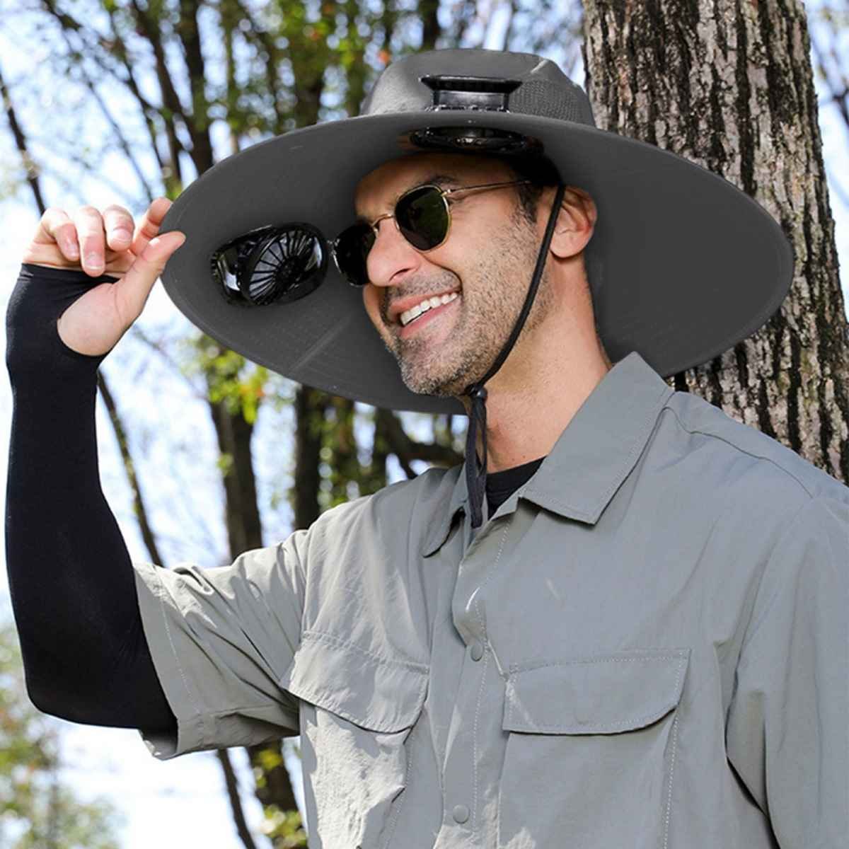 Darzheoy Solar Fan Hat Wide Brim Solar Fan Hat Outdoor Wide Brim Sun Hat with Solar Fan Fishing Hat, Removable & USB Charging Fan B-Dark Gray