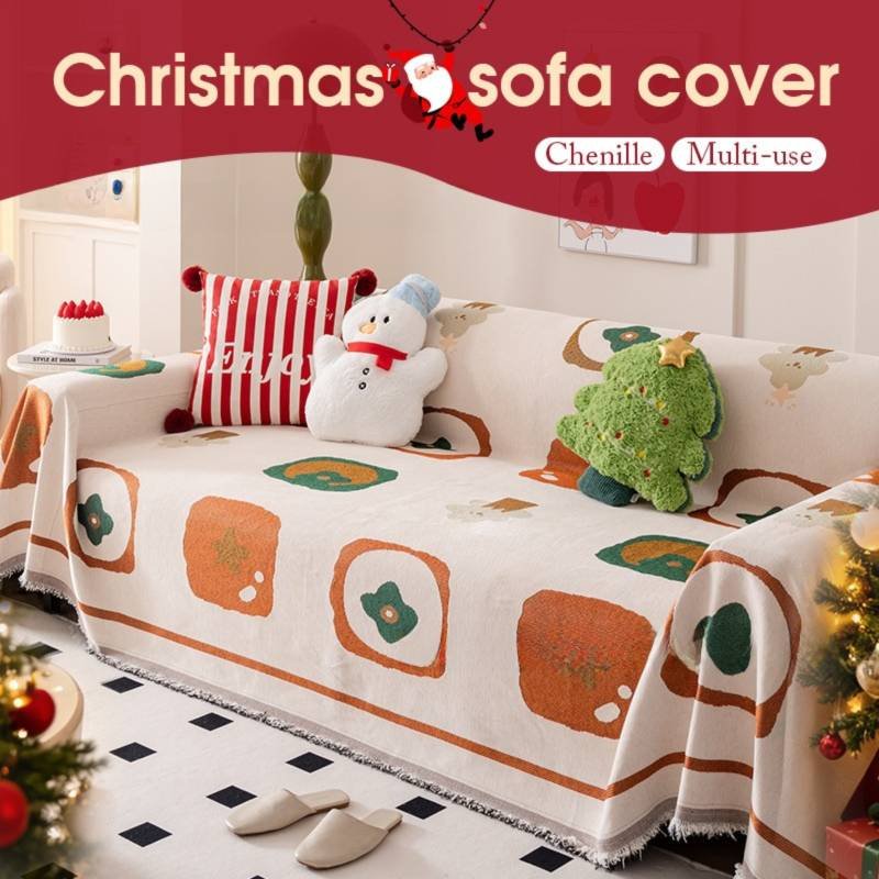 180 x 340 CM Christmas Jacquard Chenille Sofa Cover Throw Blanket with Tassel Fringe (Style 2), Elegant Festive Couch Protector Slipcover for Holiday Home Decor and Multi-Purpose Use