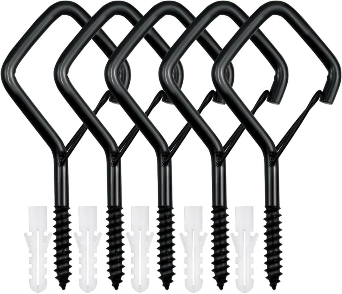 5 PCS Black Eye Screw Hooks, 4 Inch Ceiling Hooks for Hanging Heavy Duty Items with Safety Buckle – Metal Eye Bolt Hooks for Hanging Plants, Wind Chimes, Bird Feeders, String Lights, and More
