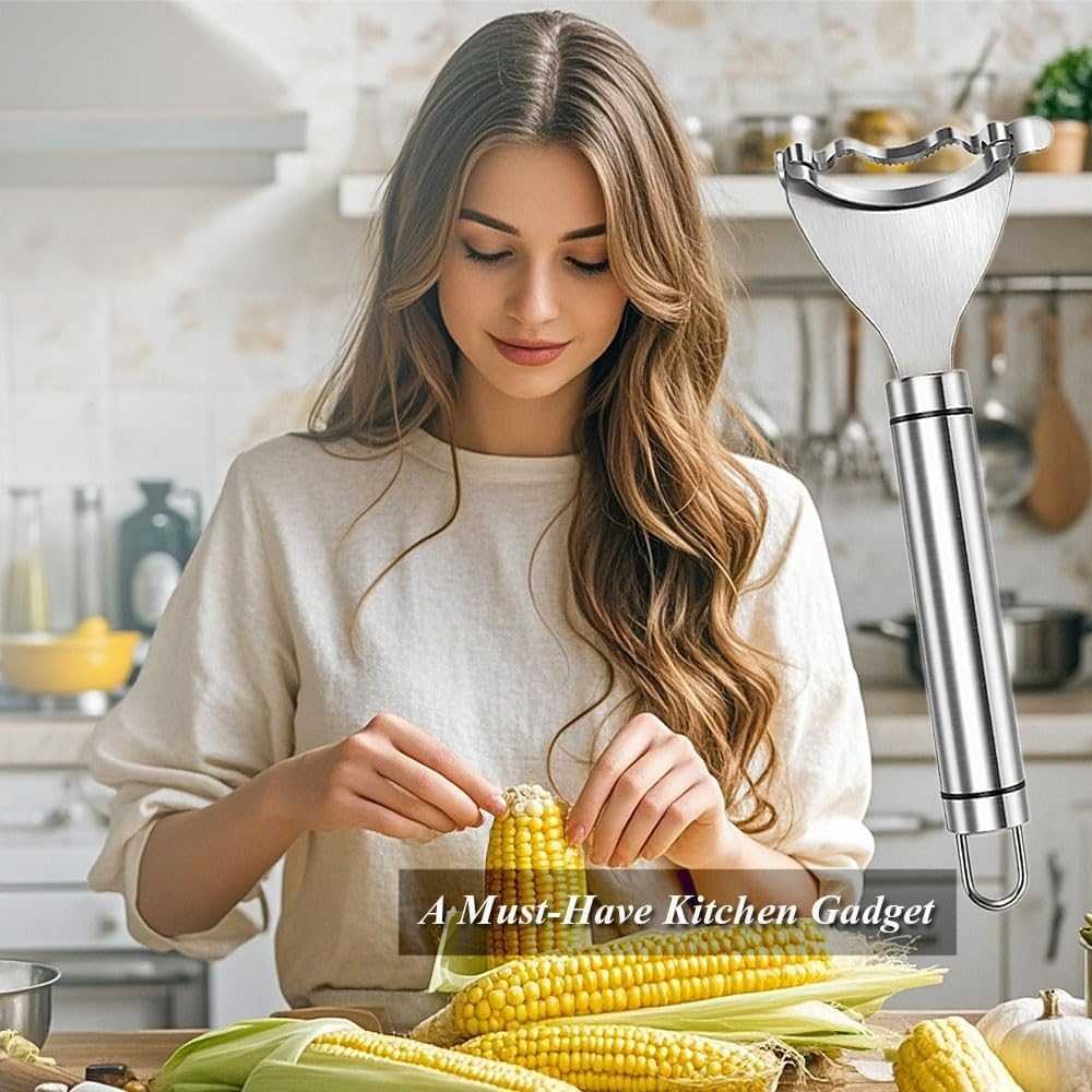 Corn Peeler, 2 Pcs Stainless Steel Corn Peeler for Corn On The Cob Efficient Corn Cob Stripper Corn Kernel Remover Tool with Ergonomic Handle Ideal Corn Planer Thresher for Kitchen (2PCS Silver)