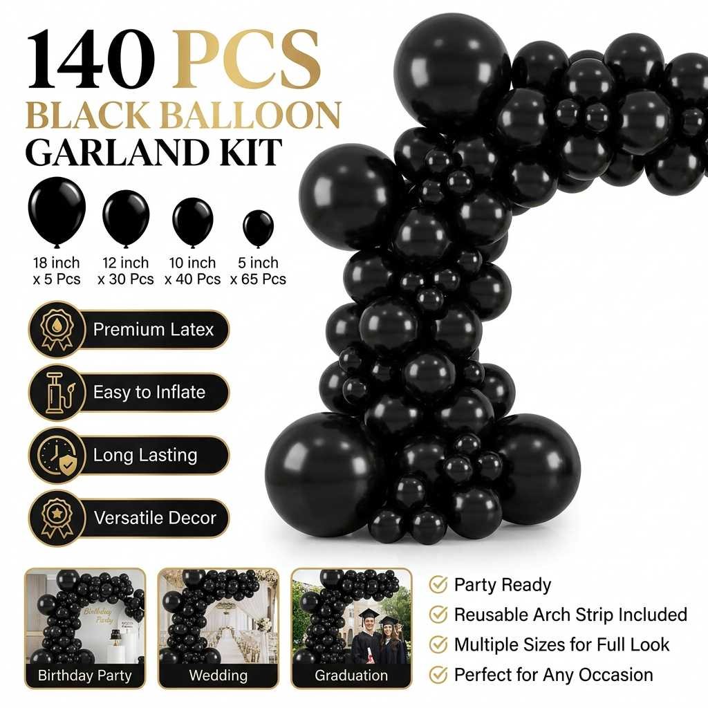 140PCS Black Balloon Garland Kit Latex Balloon Arch Set for Birthday Wedding Party Decoration Black Party Balloon Arch Kit with Multiple Sizes