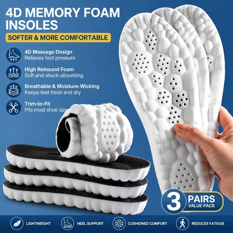 3 Pairs Black 4D Cloud Insoles for Men and Women Insoles Super Soft Anti-Fatigue, Shock Absorption, Relieve Foot Pain  (AU 10–11)