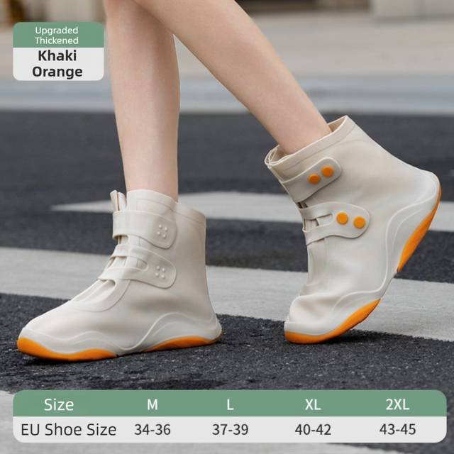 Thickened Waterproof Silicone Rain Shoe Covers with Adjustable Double Buckle Closure, Durable Non-Slip Reusable Overshoes for Men and Women Hiking Camping Daily Use, Khaki Orange Blocking, 2XL Size (EU 43-45)