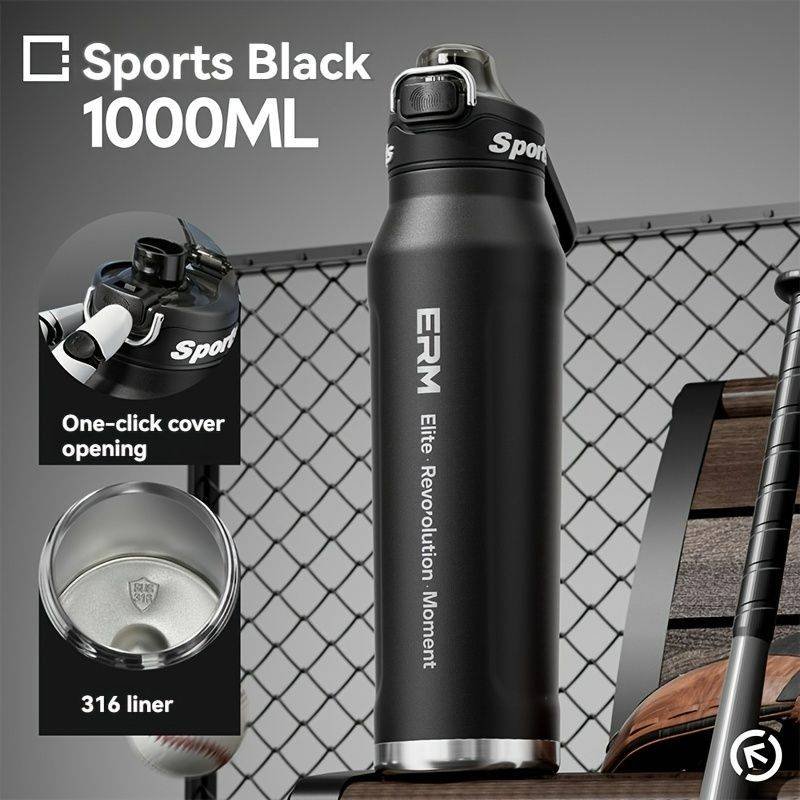 Black insulated water bottle, sports bottle 1000ml, 316 stainless steel bottle, one-click water bottle, gym water bottle Australia, BPA-free bottle, vacuum insulated, leak-proof water bottle