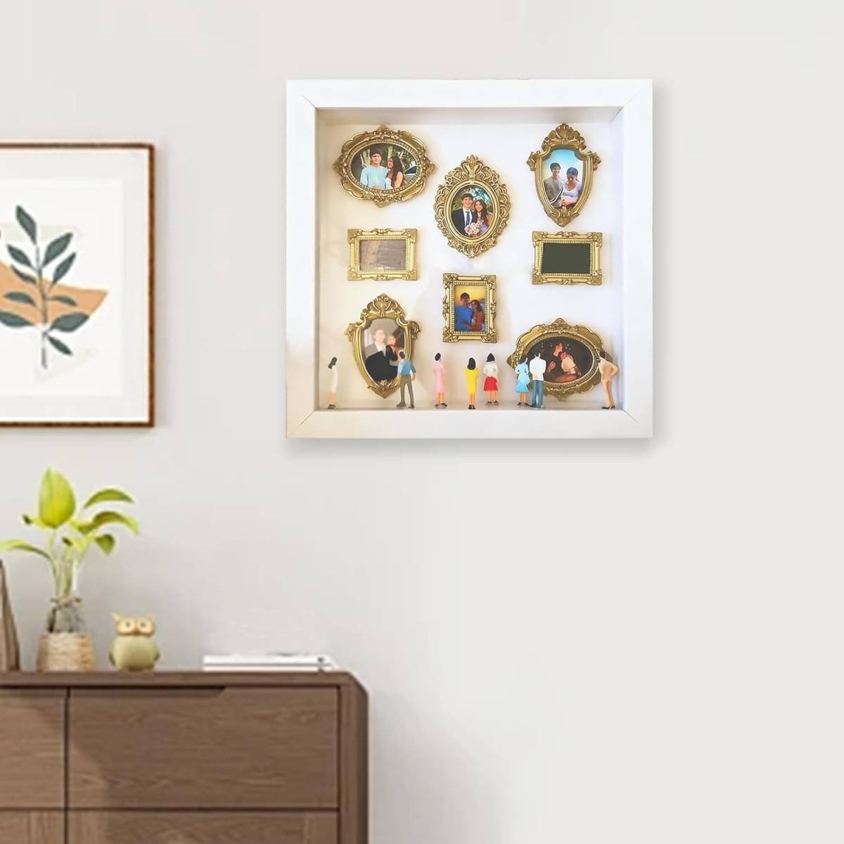 DIY Mini Museum Silhouette Box–Celebrate Your Unique Memories in Style, Personalized DIY Photo Family Memory Display Case Frame Silhouette Box with Gold Mini Frames & Figurines (White)