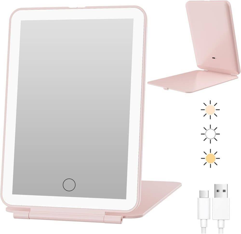 Rechargeable Portable Foldable Makeup Mirror with 3 Color Modes Adjustable Lighting