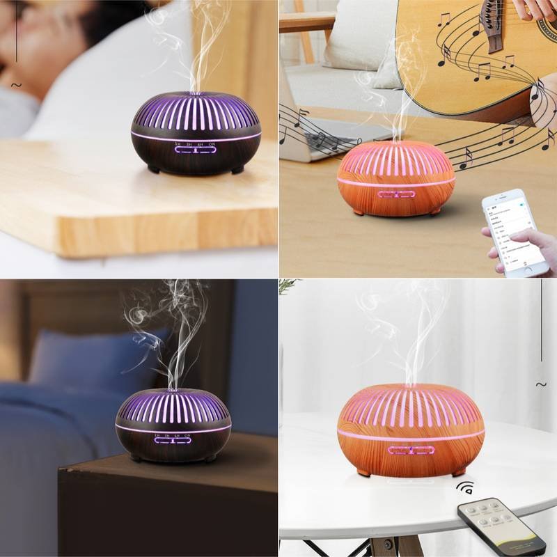 550ML Wood-Grain Aroma Diffuser and Humidifier with Bluetooth Speaker, 7-Color LED Night Light, Remote Control, Timer, and Auto Shut-Off – Light Wood