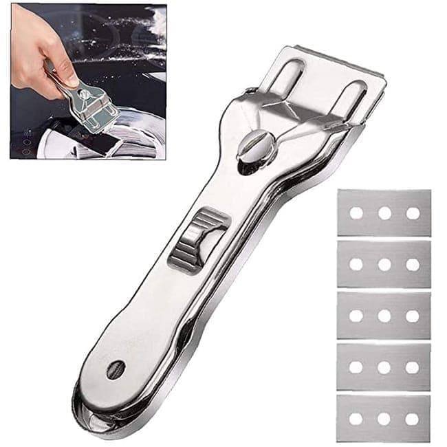 Glass scraper with 5 replaceable blades for effective cleaning, compatible with glass hobs