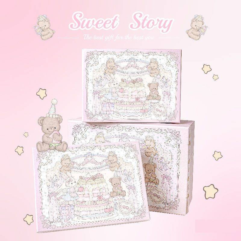 Pink Sweet Story Large Gift Box with Lid set-Includes Raffia and Gift Bag- Cute Birthday Present Packaging Storage Box for Gifts, Keepsakes and Home Organisation