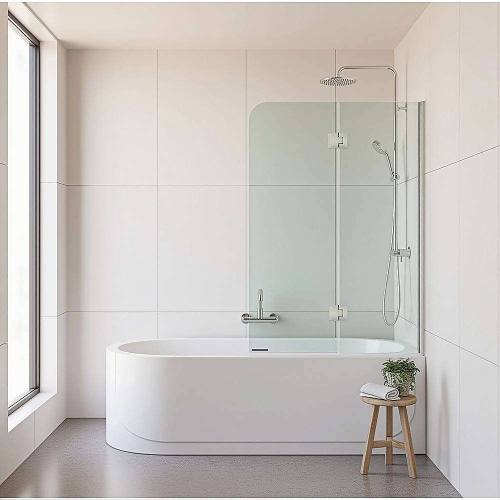 100cm Frameless Glass Bath Screen – Wall Channel with Brass Hinges in White Finish