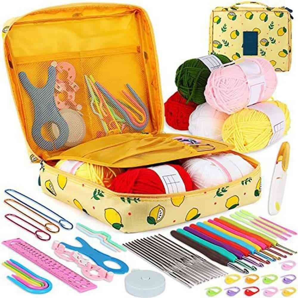 58-piece crochet hook set for beginners with yarn and bag, 10 sizes, Yellow