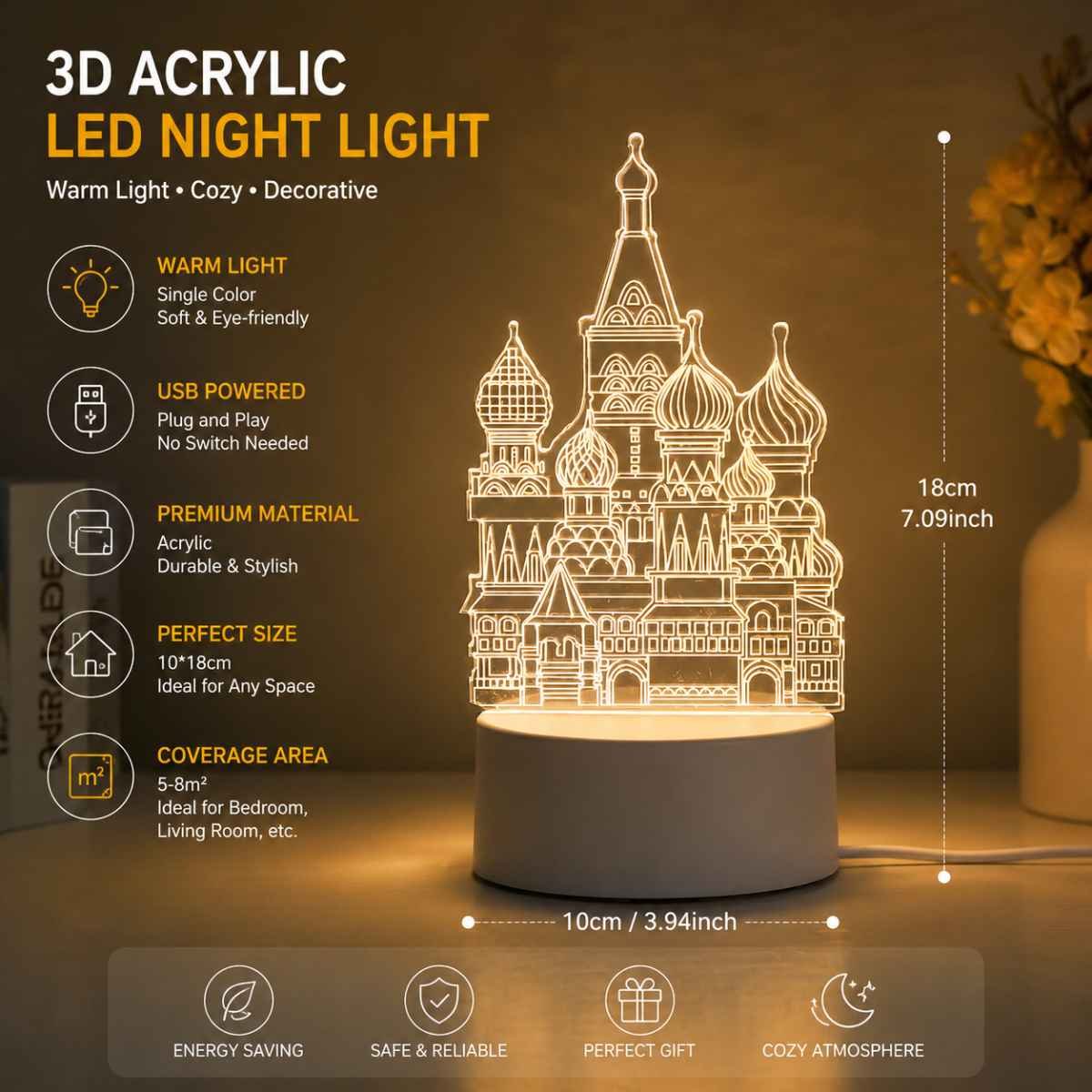 Castle Style Creative Acrylic LED Night Light - Warm White Ambient Table Lamp, Decorative Desktop Mood Light, Cartoon and Creative Display Design, Compact Gift for Bedroom Living Room Office