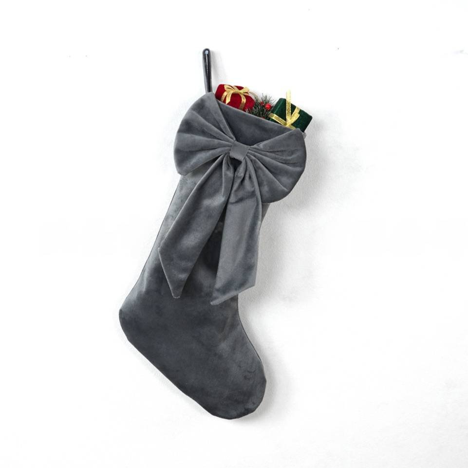 18 Inch Oversized Grey Luxury Velvet Christmas Stocking with Bow & Loop, Fireplace Hanging Gift Bag, Holiday Mantel Decor and Present Holder