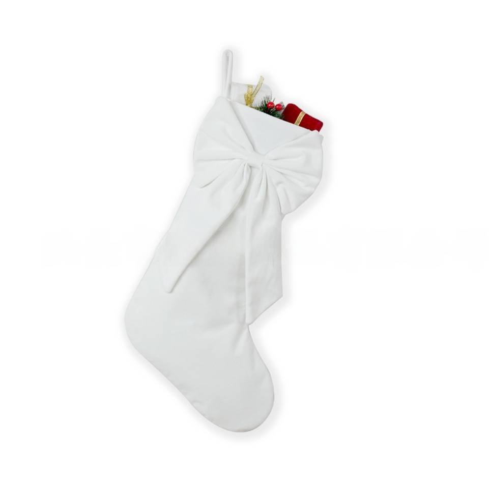 18 Inch Oversized White Luxury Velvet Christmas Stocking with Bow & Loop, Fireplace Hanging Gift Bag, Holiday Mantel Decor and Present Holder