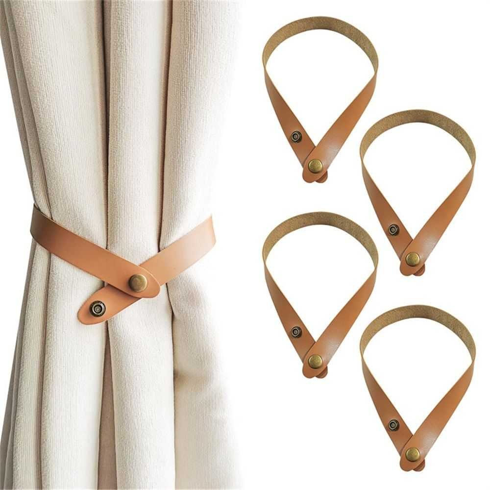 Set of 4 Leather Curtain Tiebacks, Modern Faux Leather Curtain Straps with Adjustable Buttons, No Drill Holdbacks for Bedroom, Living Room, Hotel, Office,light brown