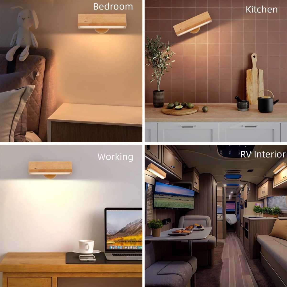 Indoor wall lamp - Wooden LED wall lamp with wireless charging - Bedroom wall lamp - 360° rotating touchscreen dimmable light - Drill-free installation - Suitable for bedroom/living room