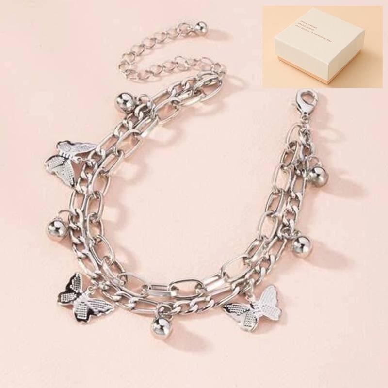 Silvery Butterfly Charm Layered Chain Bracelet - Gold and Silver Alloy Finish - Adjustable Double Strand Design, Lightweight Everyday Wear, Gift Ready，Gift Box Set