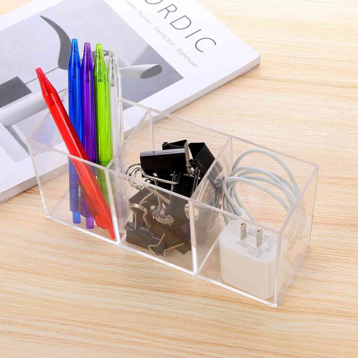 Transparent Pen Holder Desk Organizer - Pencil Marker Paperclip Storage Container - Plastic Stationery Organiser for Office Bedroom Bathroom