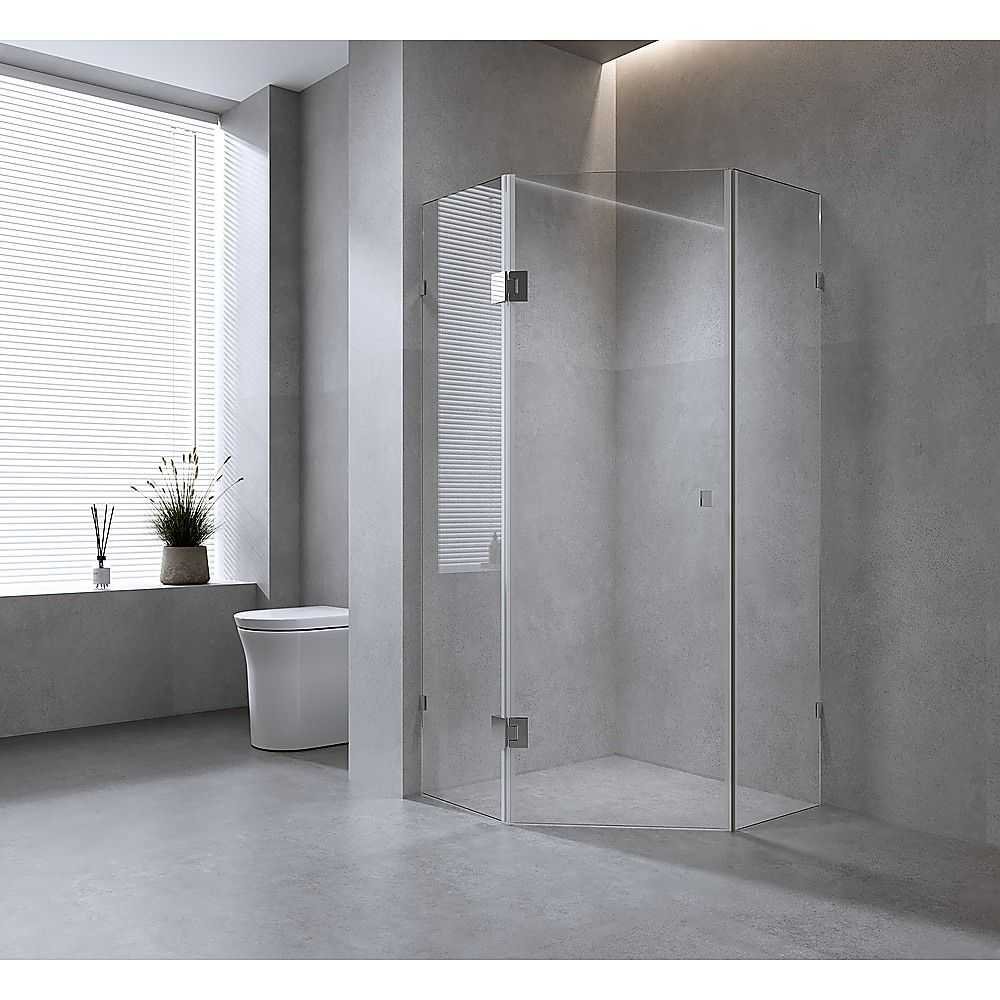 90cm Frameless Diamond Shower Screen with Gold Brackets and Brass Hinges, Round Knob Handle