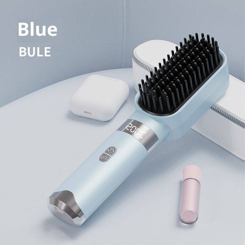Cordless Hair Straightener Brush Portable on The go Comb for Travel USB chargingTwo Power sources Fast HeatingLCD Large Screen Display (blue)