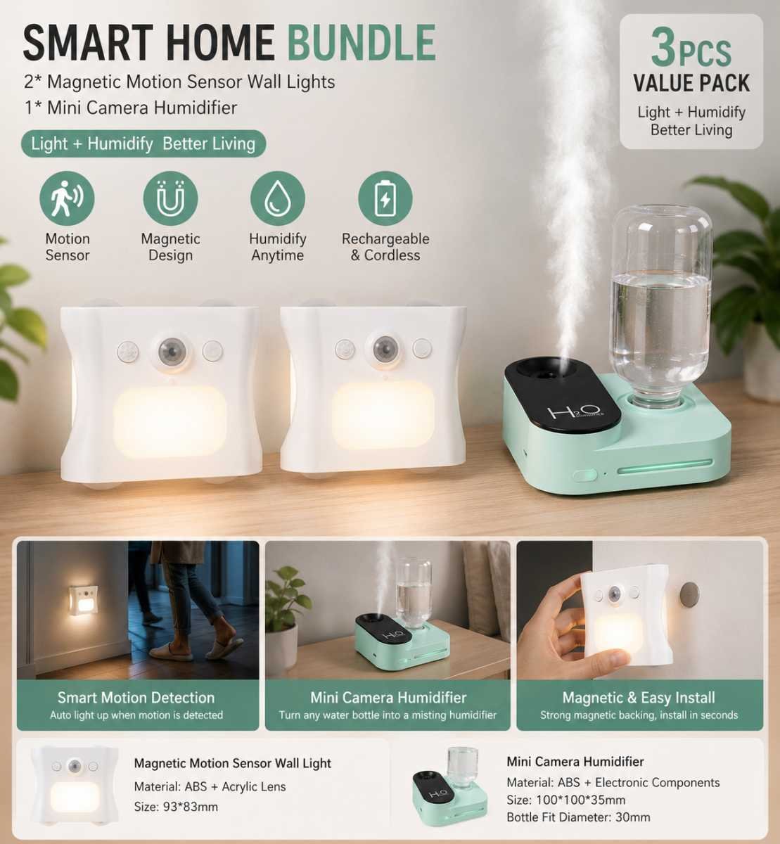 3PCS Smart Home Atmosphere Set – Green USB Rechargeable Camera Humidifier & 2pcs White RGB Motion Sensor Wall Light, Magnetic Wireless Night Lamp with Remote Control for Bedroom, Living Room & Office