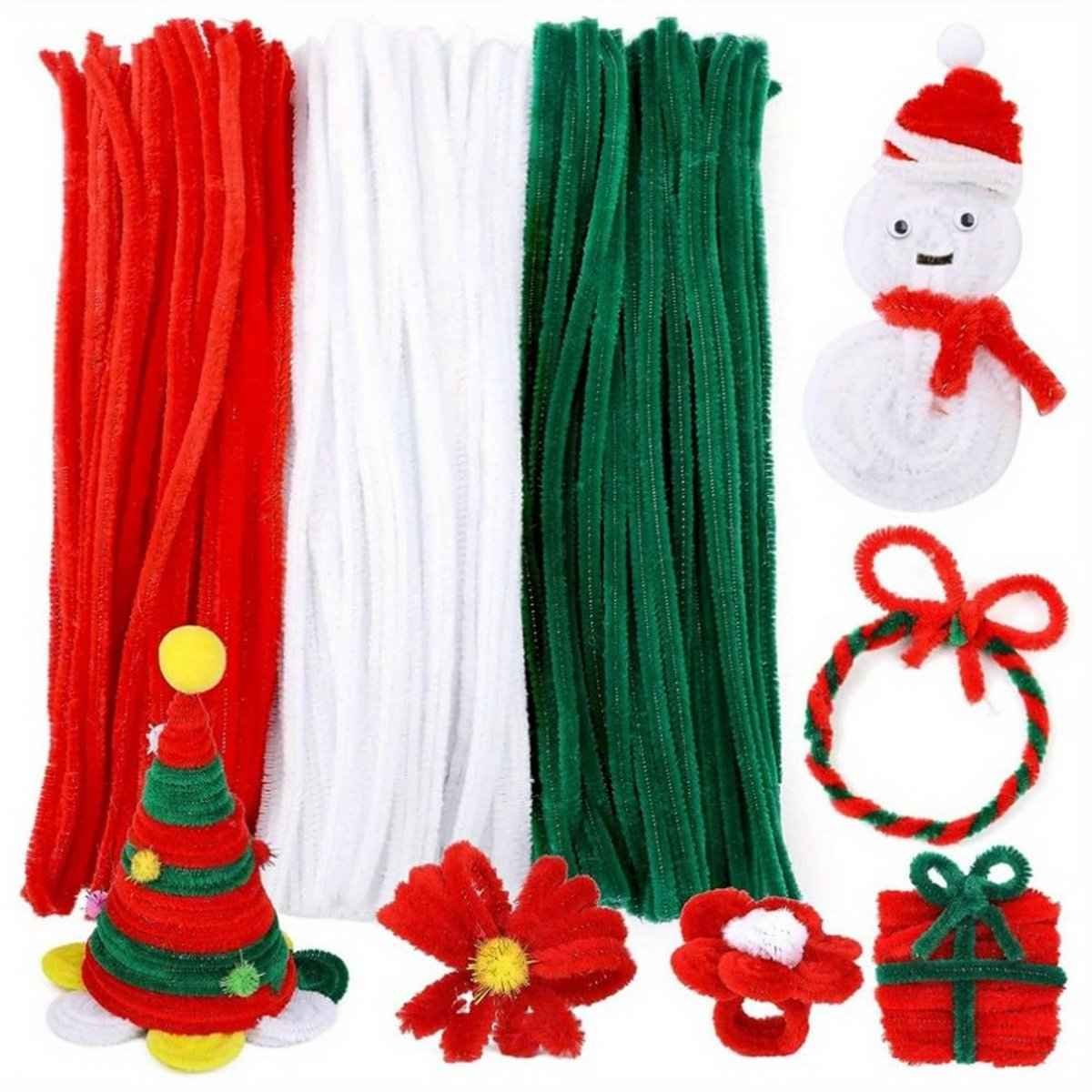 300 pieces - Pipe Cleaners - 30cm - Twister Sticks - Colored Pipe Cleaners - Christmas Pipe Cleaners - Chenille Wire - 6 mm fuzzy green, red and white chenille sticks - for DIY art projects, creative floral supplies, Christmas party decorations