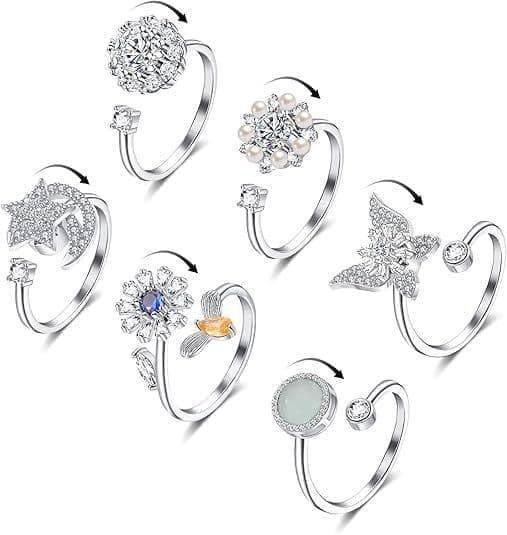 6 pcs Rotatable Antistress Fidget Spinner Rings, Silver