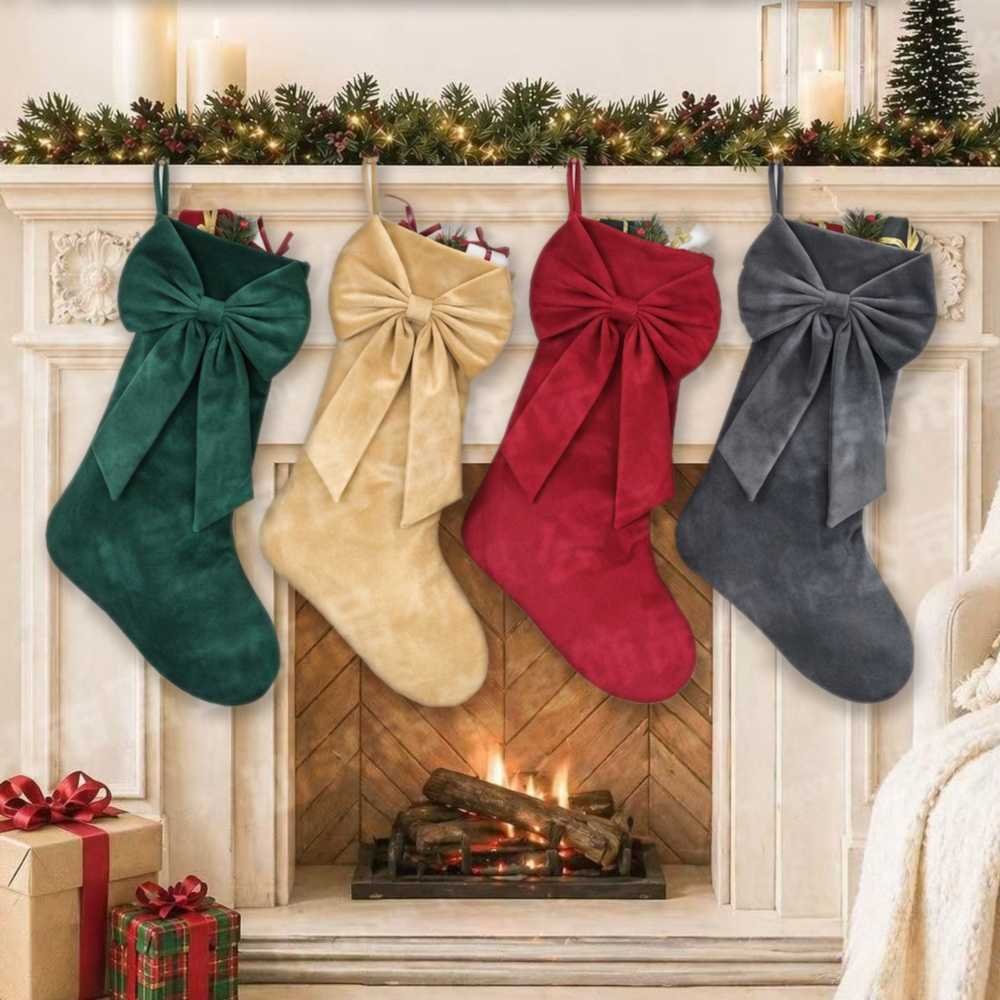 18 Inch Oversized Luxury Velvet Christmas Stocking with Bow & Loop, Fireplace Hanging Gift Bag, Holiday Mantel Decor and Present Holder, 4PCS Set in Red Green Grey Gold