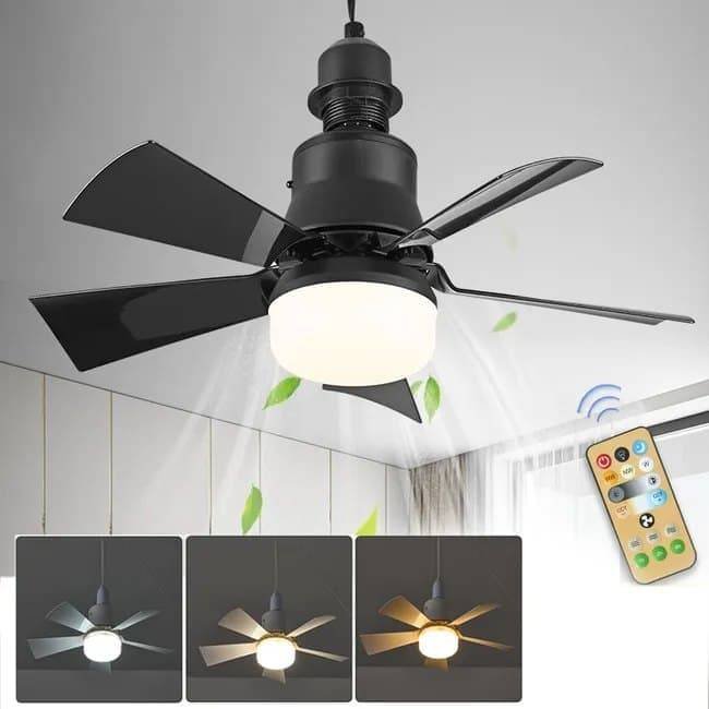 52 Inch Ceiling Fan with Remote Control, 3 Speeds, LED E27, 3 Light Colors, Black