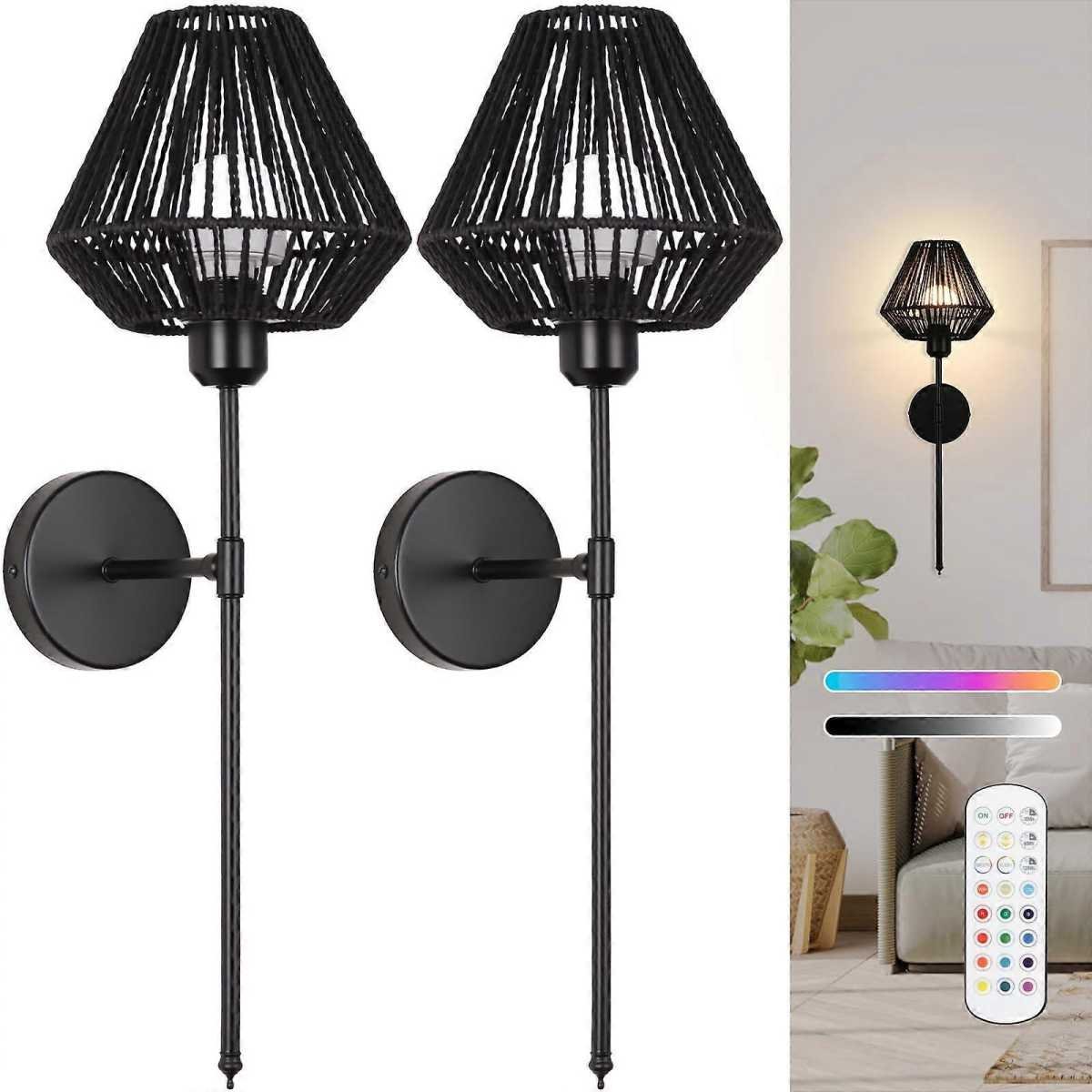 Battery Operated Wall Sconces Set of 2, Boho Rattan LED, Rechargeable, Remote, RGB Dimmable