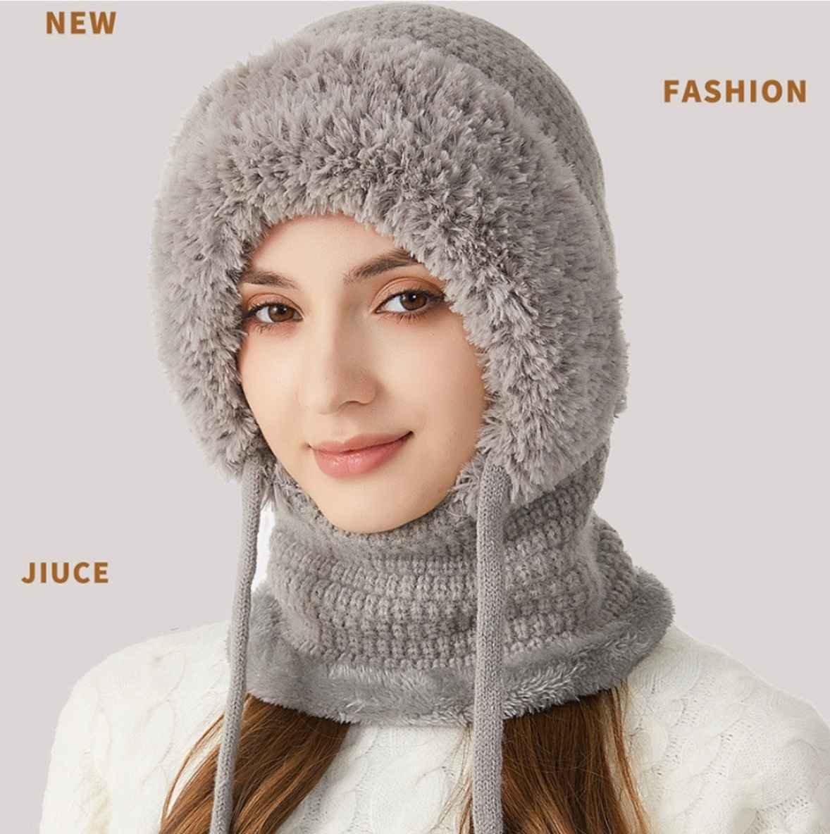 Winter Corn Velvet Hooded Scarf Mask Set - Thick Fleece Lined Knit Cap for Women - Warm Balaclava Neck Warmer for Extreme Cold - Pink