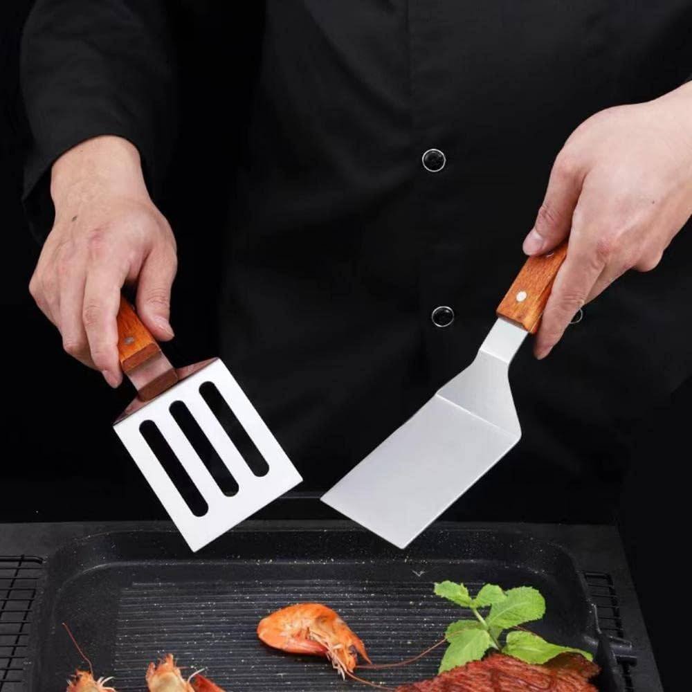 2 PCS Metal Spatula for Cast Iron Skillet, Stainless Steel Grill Spatula Slotted Turner Fish with Wood Handle Flat Top Griddle for Cooking BBQ