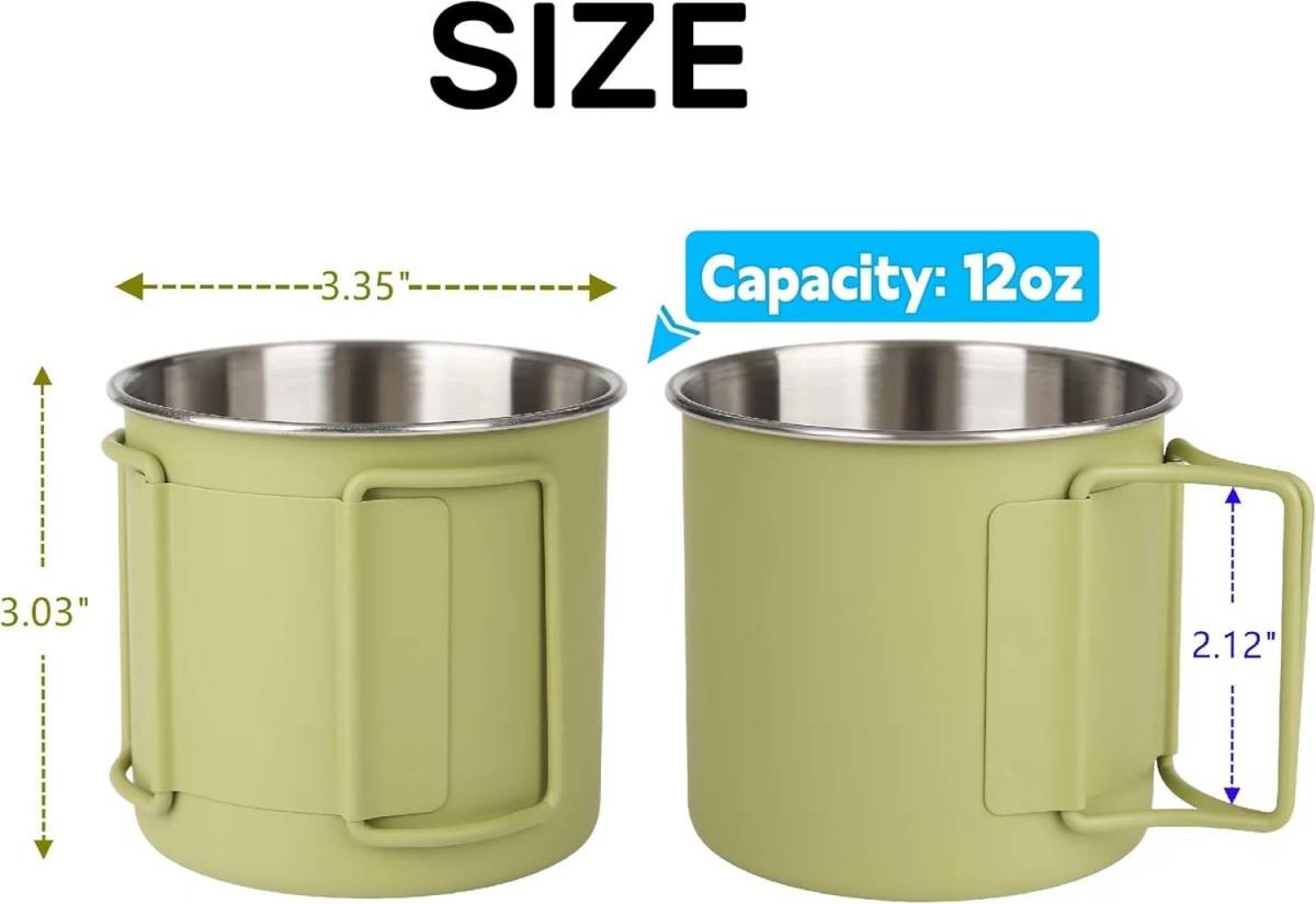 2 Pack Foldable Handle Stainless Steel Camping Mugs 12 oz Portable for Outdoor Picnic Hiking Backpacking Travel Coffee Mug Set