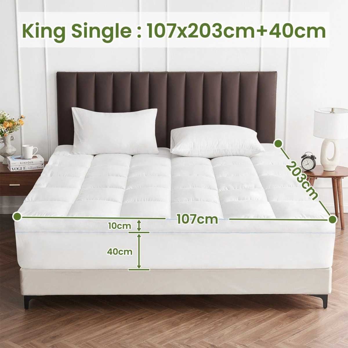 1500GSM Bamboo Mattress Topper Extra Thick 10CM Bed Topper King Single: 107 x 203 + 40 cm
