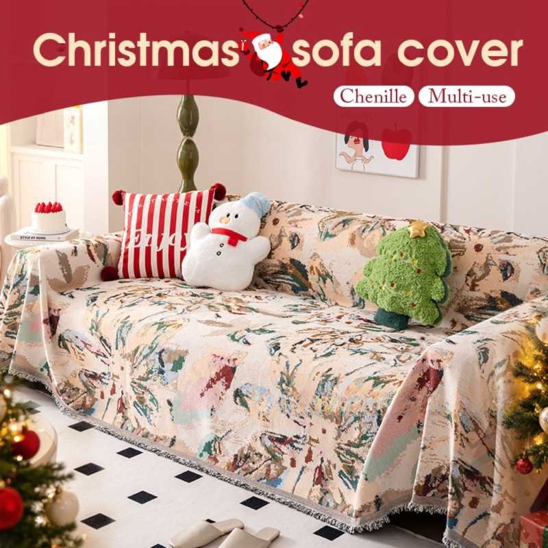 180 x 340 CM Christmas Jacquard Chenille Sofa Cover Throw Blanket with Tassel Fringe (Style 1), Elegant Festive Couch Protector Slipcover for Holiday Home Decor and Multi-Purpose Use