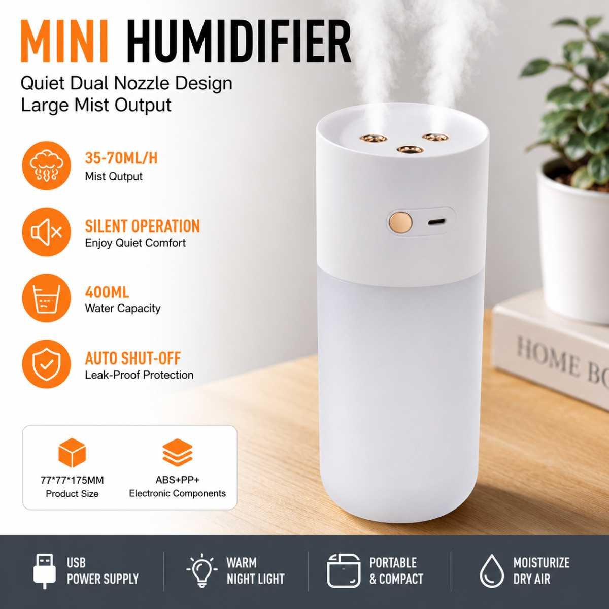 White Dual Spray USB Humidifier with Warm LED Night Light - 400ml Mini Portable Desk and Car Humidifier, Quiet Mist Output, ABS and PP Construction, Compact Rechargeable Moisture Solution for Home Office Travel