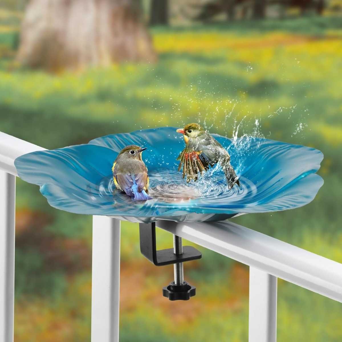 Deck Mounted Bowl Bird Bath for Railing Large 33cm Balcony Clearance Modern Bird Waterer with Stake Clam for Outdoors Garden