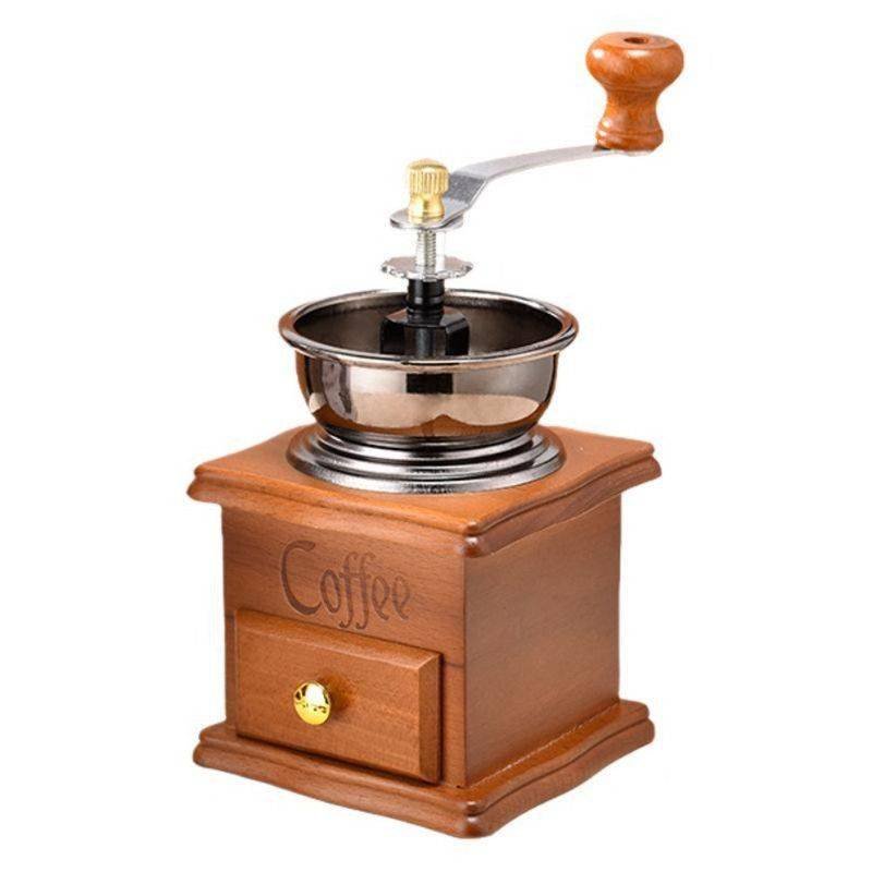 Vintage Wooden Hand Coffee Grinder, Manual Coffee Bean Mill with Ceramic Burr for Home Use—Light Brown