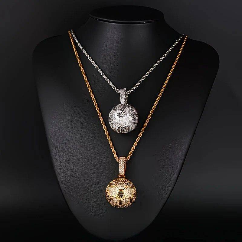 Football Hollow Pendant Necklace, Synthetic Zirconia Setting, Hip Hop Sporty Style, Trendy and Versatile.(golden)
