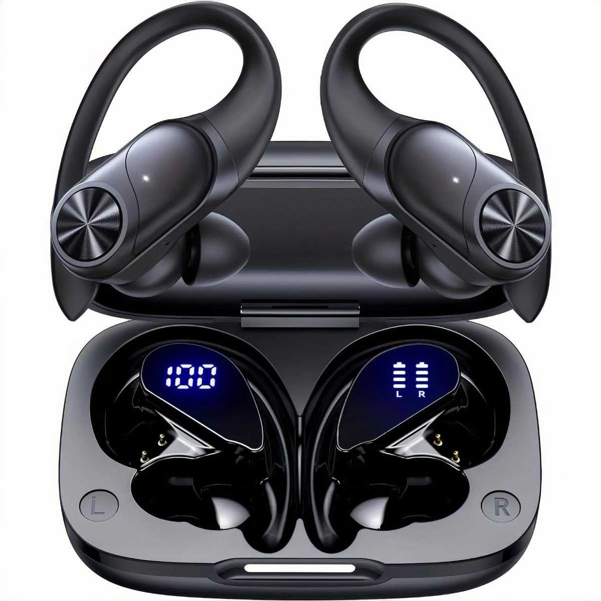 Bluetooth Headphones Wireless Earbuds 80hrs Playtime Wireless Charging Case Digital Display Sports Ear Buds with Earhook Deep Bass IPX7 Waterproof Over-Ear Earphones for TV Phone Laptop Black