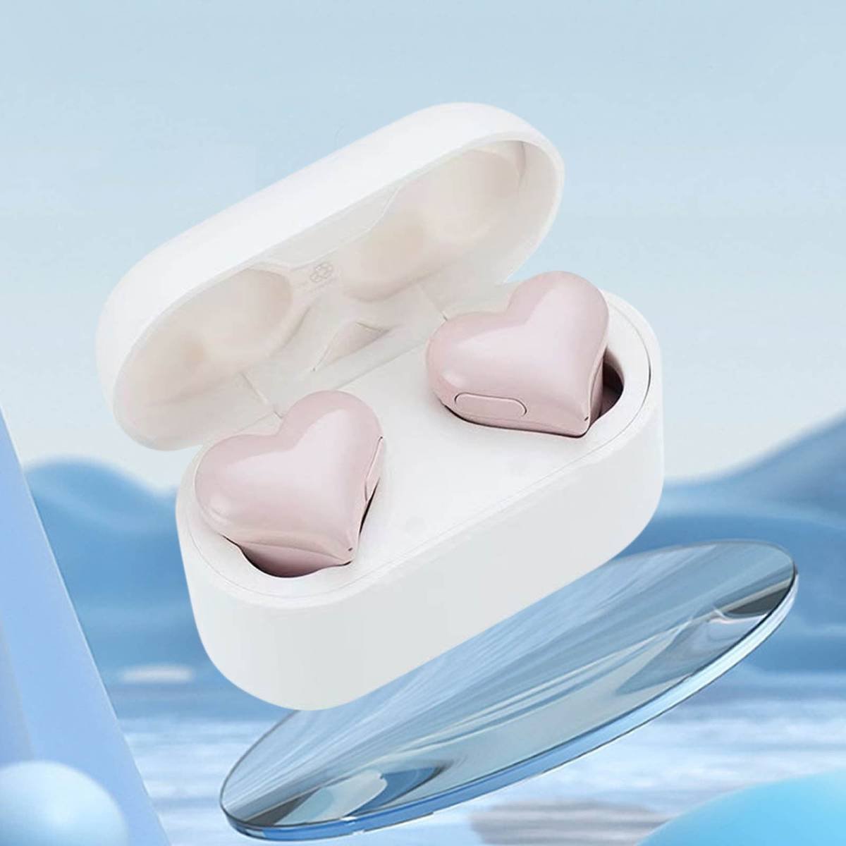 Heart Shaped Earbuds, Stylish Headphones HiFi Stereo Sound Waterproof Bluetooth 5.3 Earphones with Charging Case for Girls Women, Noise Reduction Sports Wireless In Ear Bluetooth Earphones Pink