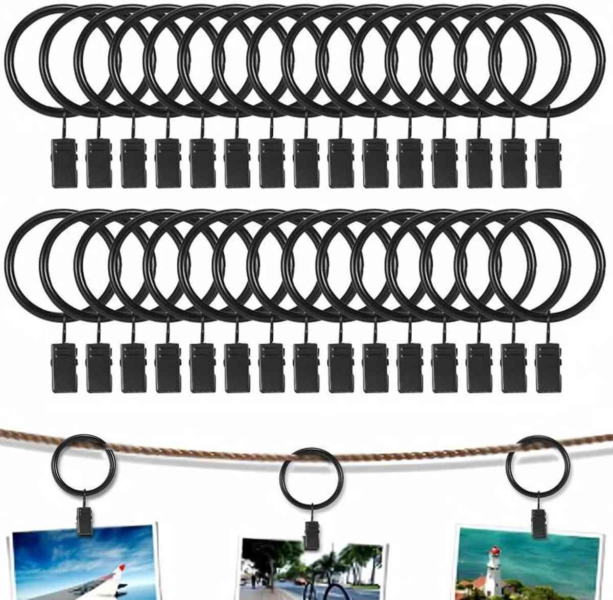 30 Pieces - Curtain Rings with Clips - Shower Curtain - Stainless Steel Curtain Rings - Metal Curtain Hooks - Curtain Rod Ring - for Shower and Window Curtains - Black